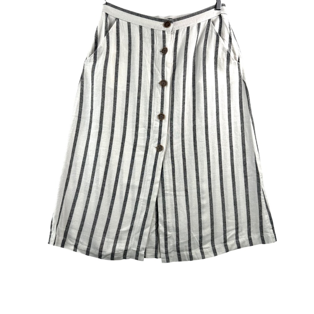 Sanctuary Button Front Midi linen blend Skirt sz L White Black Striped coastal
